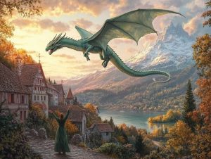 Illustration of a dragon flying over Mount Pilatus near a medieval Swiss village at sunset 