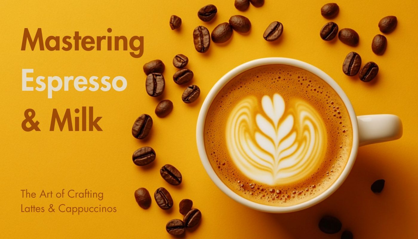 coffee decorated with latte art with spilled beans all around the cup on a yellow surface
