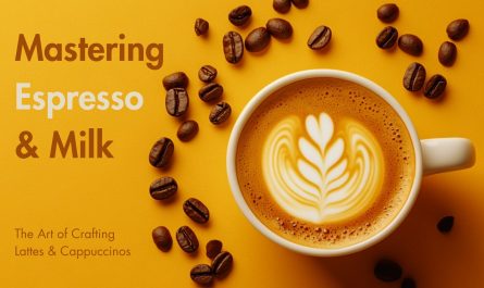 coffee decorated with latte art with spilled beans all around the cup on a yellow surface