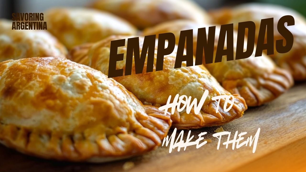 Golden-brown baked Argentine empanadas arranged on a wooden board with the text “Empanadas – How to Make Them” and the Savoring Argentina logo in the corner