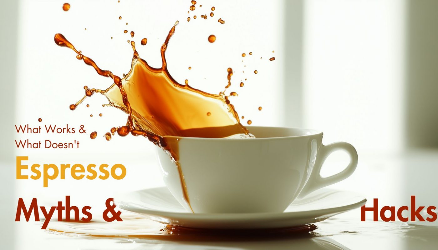 Splashing espresso in a white cup with bold text highlighting coffee myths and hacks—what works and what doesn’t.