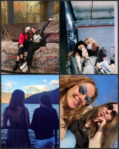 A collage of four candid photos showing two friends sharing fun moments together — sitting on a grand carpet in a museum, posing with masks in a parking garage, admiring a lake view at sunset, and enjoying a sunny day in sunglasses. A snapshot of friendship across different settings.