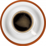 Coffee cup and saucer on brown background flat lay