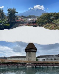 Split-image collage showing a visual contrast between two places: the top half captures a lush Guatemalan landscape with a volcano in the background, while the bottom half shows the iconic Kapellbrücke bridge and Water Tower in Lucerne, Switzerland, under a cloudy sky. A visual bridge between two worlds.