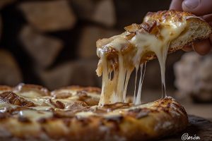 Close-up of a slice of Argentine fugazzeta pizza being lifted, showing melted mozzarella stretching from a thick crust topped with caramelized onions—an iconic Buenos Aires cheese and onion pizza.