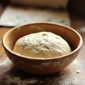 Ball of homemade pizza dough rising in a wooden bowl, dusted with flour, as part of the preparation for traditional Argentine fugazza or fugazzeta pizza.