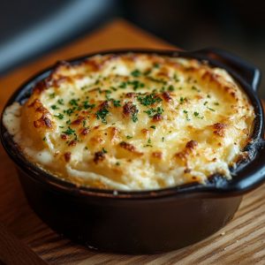 Close-up of a freshly baked pastel de papa in a black baking dish, topped with golden, cheesy mashed potatoes and garnished with chopped parsley.