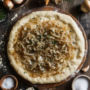 Unbaked Argentine fugazza pizza on a wooden board, topped with caramelized onions, fresh herbs, and black pepper, surrounded by raw ingredients like garlic, onions, and salt—capturing the rustic preparation of this traditional Buenos Aires dish.