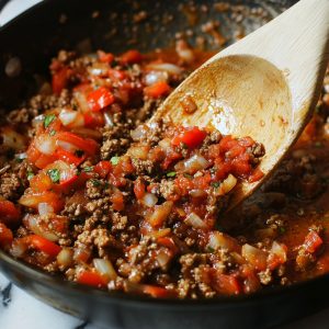 Close-up of a skillet filled with ground beef cooked with chopped tomatoes, onions, and herbs, stirred with a wooden spoon — the classic empanada filling.