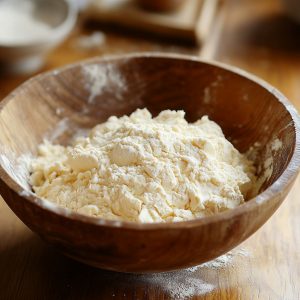 Wooden bowl filled with a coarse flour and butter mixture, the first step in preparing homemade empanada dough.