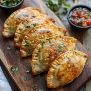 Five golden-brown empanadas garnished with chopped parsley on a wooden board, served with bowls of chimichurri and tomato salsa.