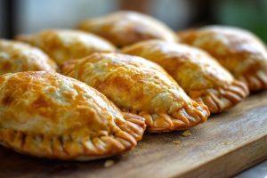 Close-up of golden-brown, freshly baked empanadas with crimped edges lined up on a wooden board.