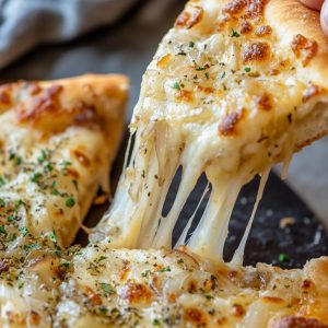 Close-up of a slice of fugazzeta, Argentina’s iconic cheese-stuffed onion pizza, with melted mozzarella stretching from the crust and herbs sprinkled on top—served hot and gooey.