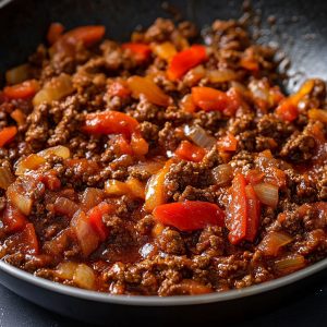 Close-up of a sizzling skillet filled with seasoned ground beef, sautéed onions, and red bell peppers in a rich tomato-based sauce.