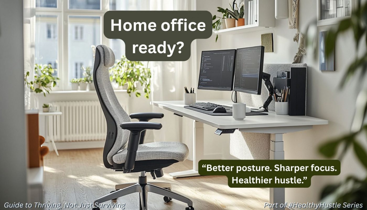 Modern home office with standing desk, dual monitors, ergonomic chair, and natural daylight – promoting healthy teleworking setup