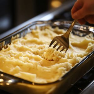 Hand using a fork to spread creamy mashed potatoes evenly in a glass baking dish, preparing the top layer