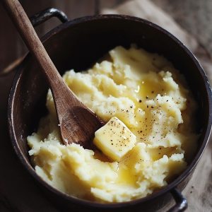 Rustic bowl of creamy homemade mashed potatoes topped with melting butter and freshly ground black pepper, with a wooden spoon resting inside.