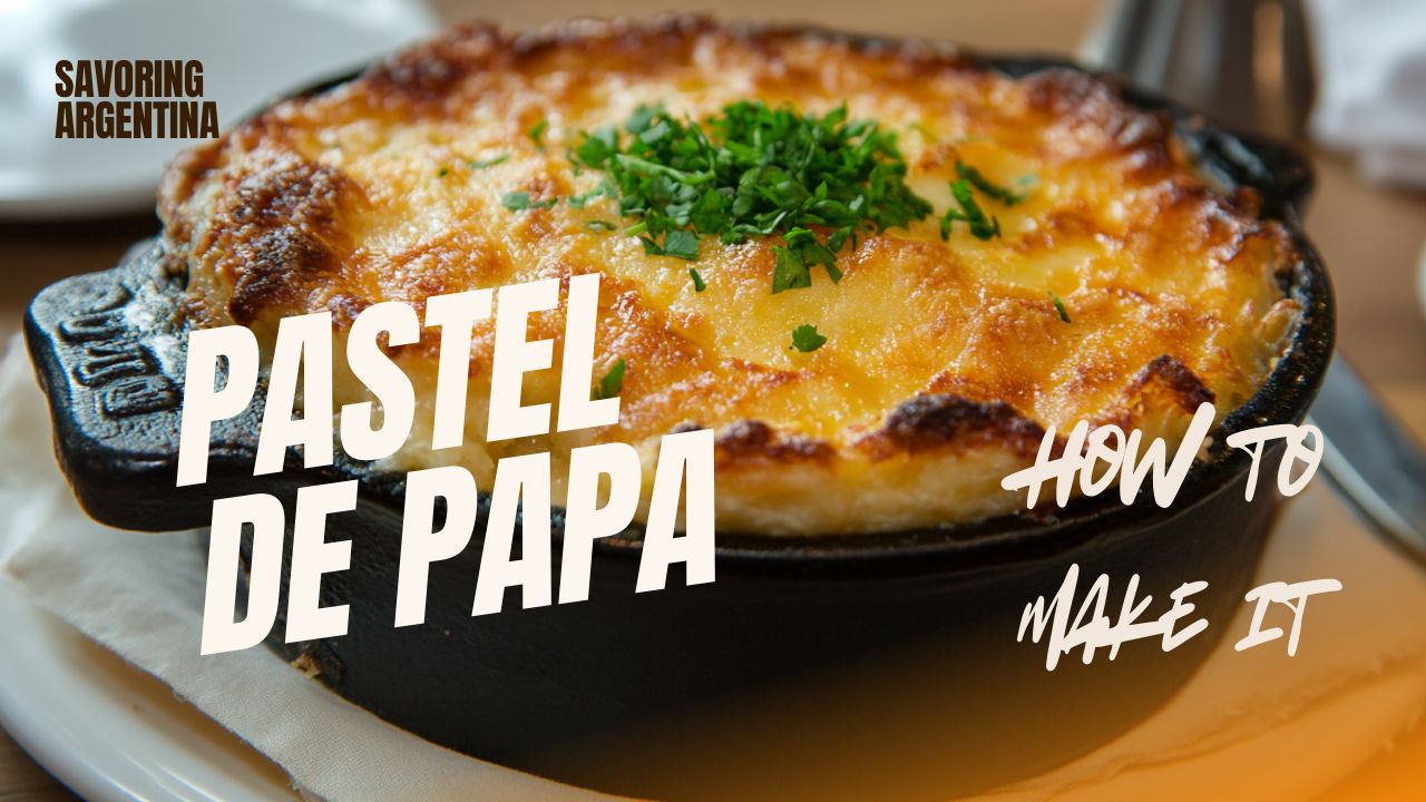 Golden-baked pastel de papa served in a cast-iron dish, topped with fresh parsley and crispy cheese, with text overlay reading “Pastel de Papa – How to Make It” from the Savoring Argentina blog series.