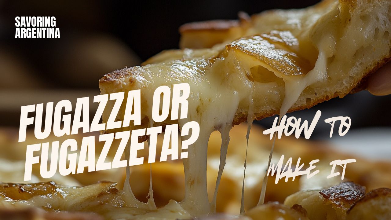 Melted mozzarella cheese stretches from a hot slice of Argentine fugazzeta pizza, topped with golden caramelized onions, highlighting the difference between fugazza and fugazzeta in traditional Buenos Aires cuisine.