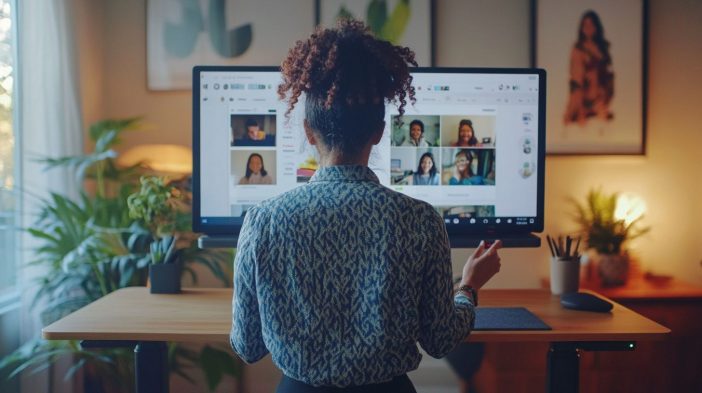 Person standing during a video call in a modern home office with ergonomic desk setup and natural lighting