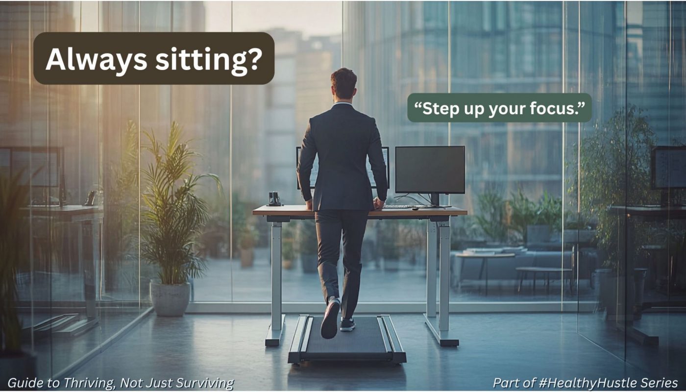 Business professional walking on an under-desk treadmill in a modern office with dual screens, promoting active work routines for better focus and health.