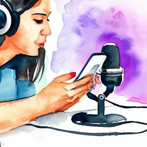 a woman with a podcast microphone, looking into a smartphone, aquarell 