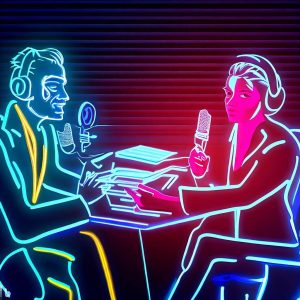motivated people doing podcasts, neon, futuristic style
